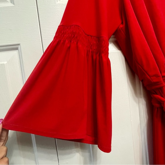 3/15 💚 Emma & Michele Red Midi Belted Faux Wrap Dress Bell Sleeves Scoop Neck - Picture 3 of 9